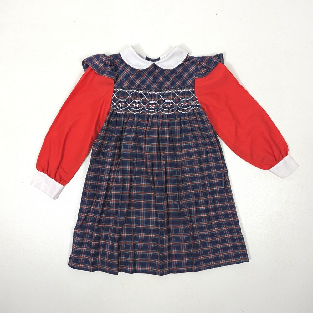 Vintage Princess Anne Dress Girls Size 4T Navy Plaid Smocked School